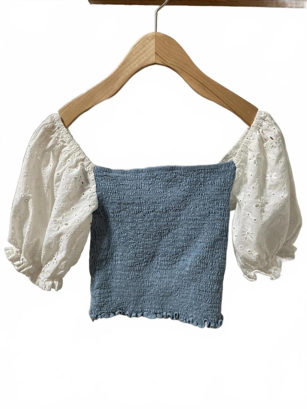 Strut & Bolt Blouse Top Womens Size Small Blue White Boho Peasant Balloon Sleave - Picture 5 of 7